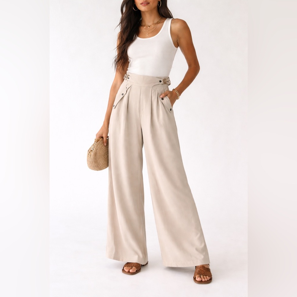 Bohme NWT High Waisted Wide Leg Utility Pants Neutral Beige Large